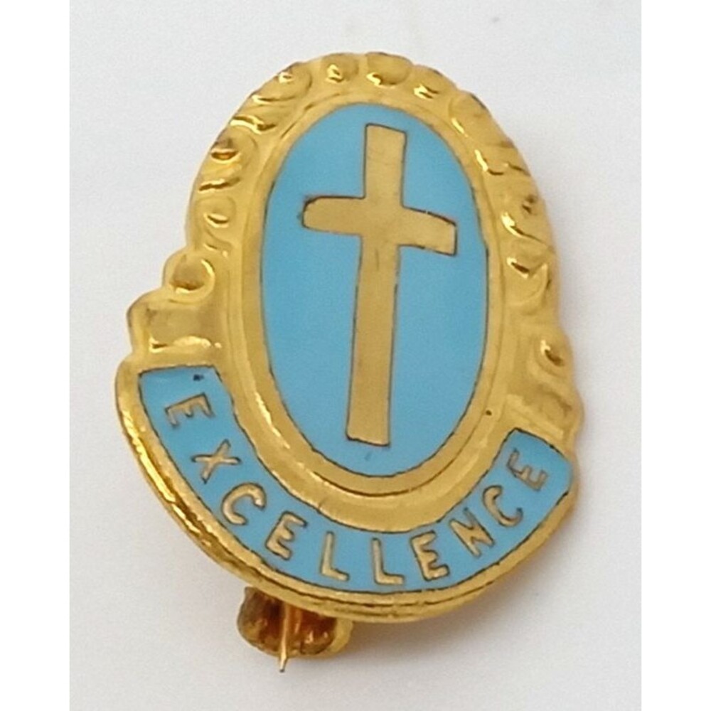 Catholic Christian Cross Pin Blue Enamel Gold Tone Religious Excellence Vintage